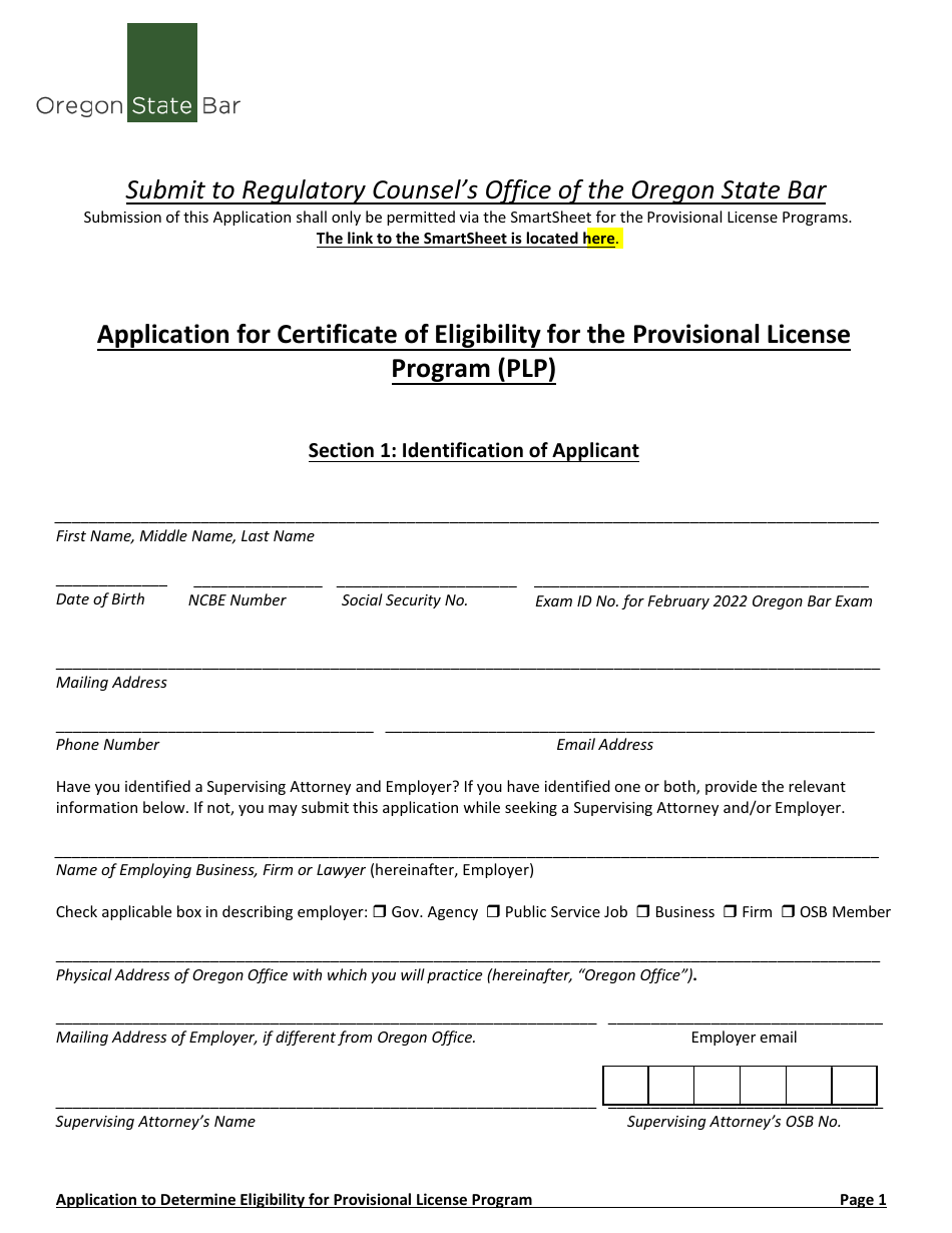 Oregon Application For Certificate Of Eligibility For The Provisional   Application For Certificate Of Eligibility For The Provisional License Program Plp Oregon Print Big 