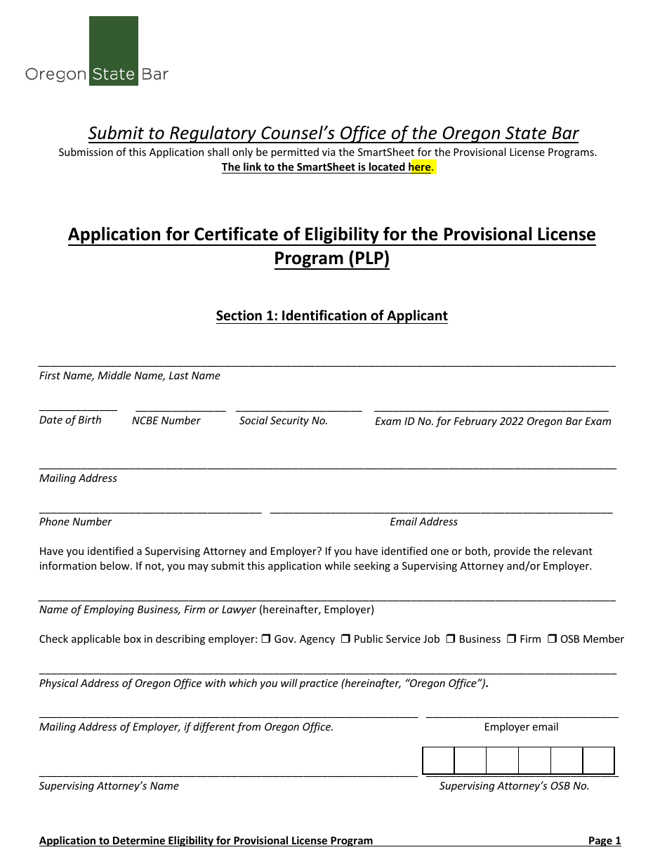 Application for Certificate of Eligibility for the Provisional License Program (Plp) - Oregon, Page 1