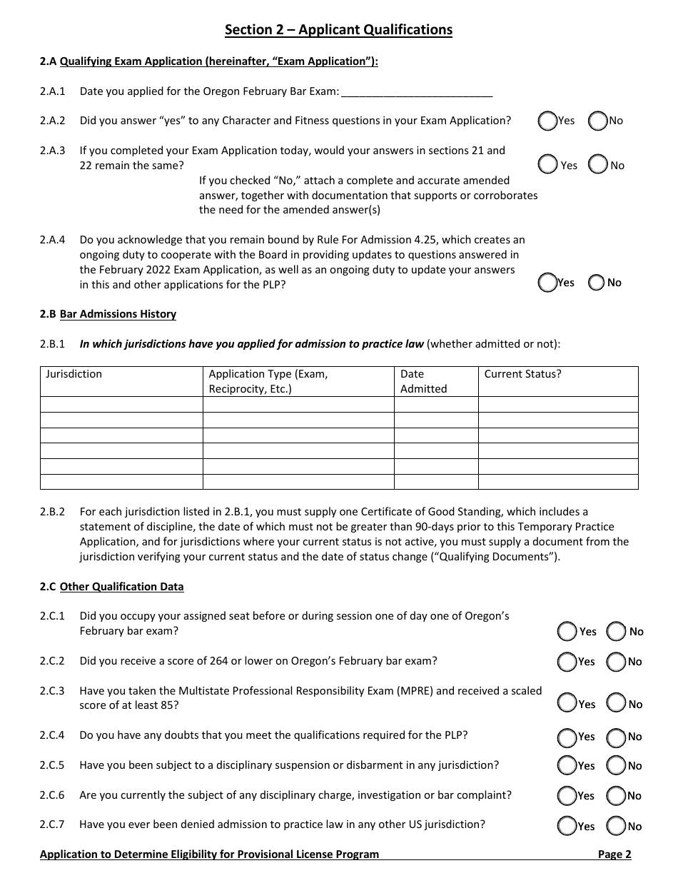 Oregon Application for Certificate of Eligibility for the Provisional ...