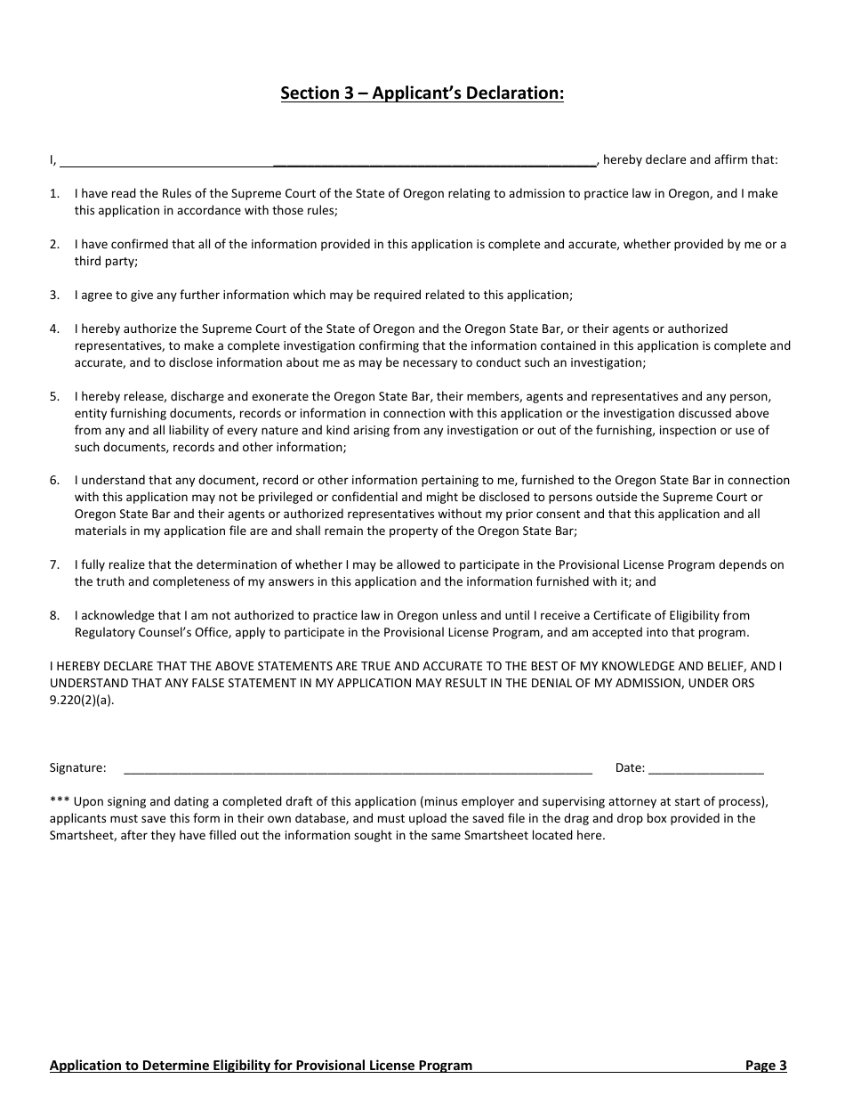 Application for Certificate of Eligibility for the Provisional License Program (Plp) - Oregon, Page 3
