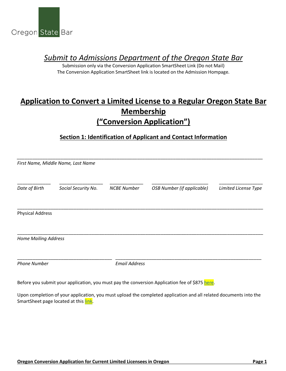Application to Convert a Limited License to a Regular Oregon State Bar Membership (conversion Application) - Oregon, Page 1
