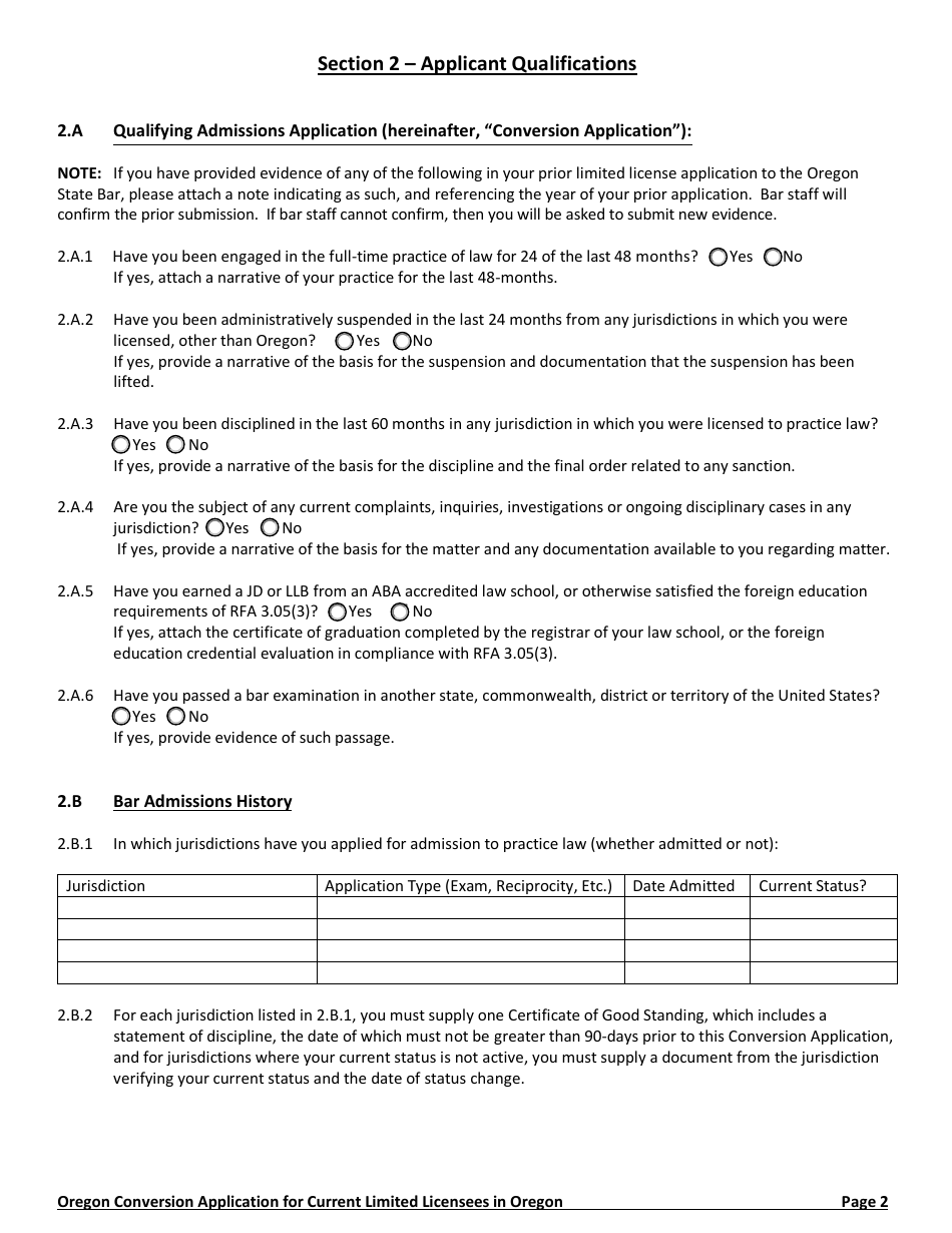Application to Convert a Limited License to a Regular Oregon State Bar Membership (conversion Application) - Oregon, Page 2
