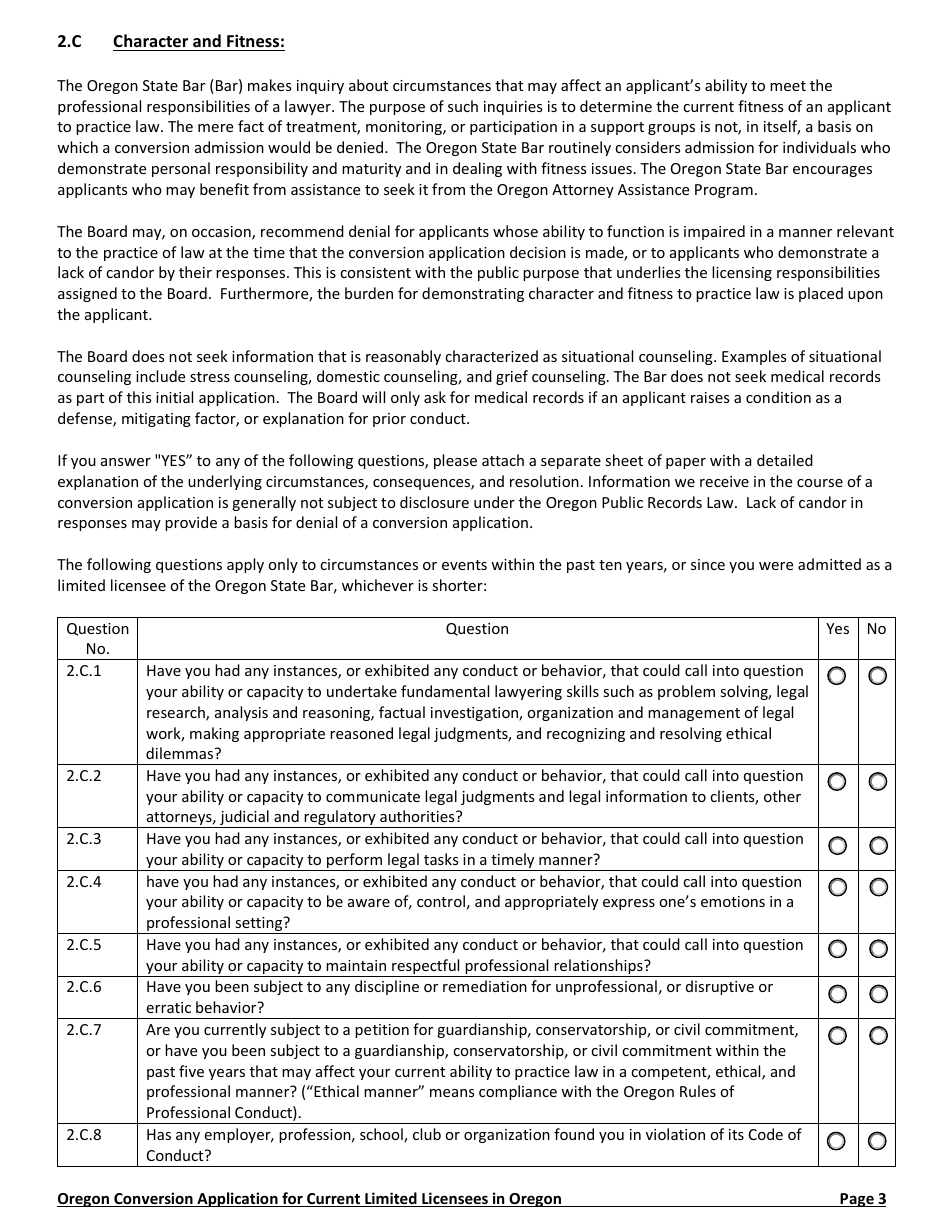 Application to Convert a Limited License to a Regular Oregon State Bar Membership (conversion Application) - Oregon, Page 3