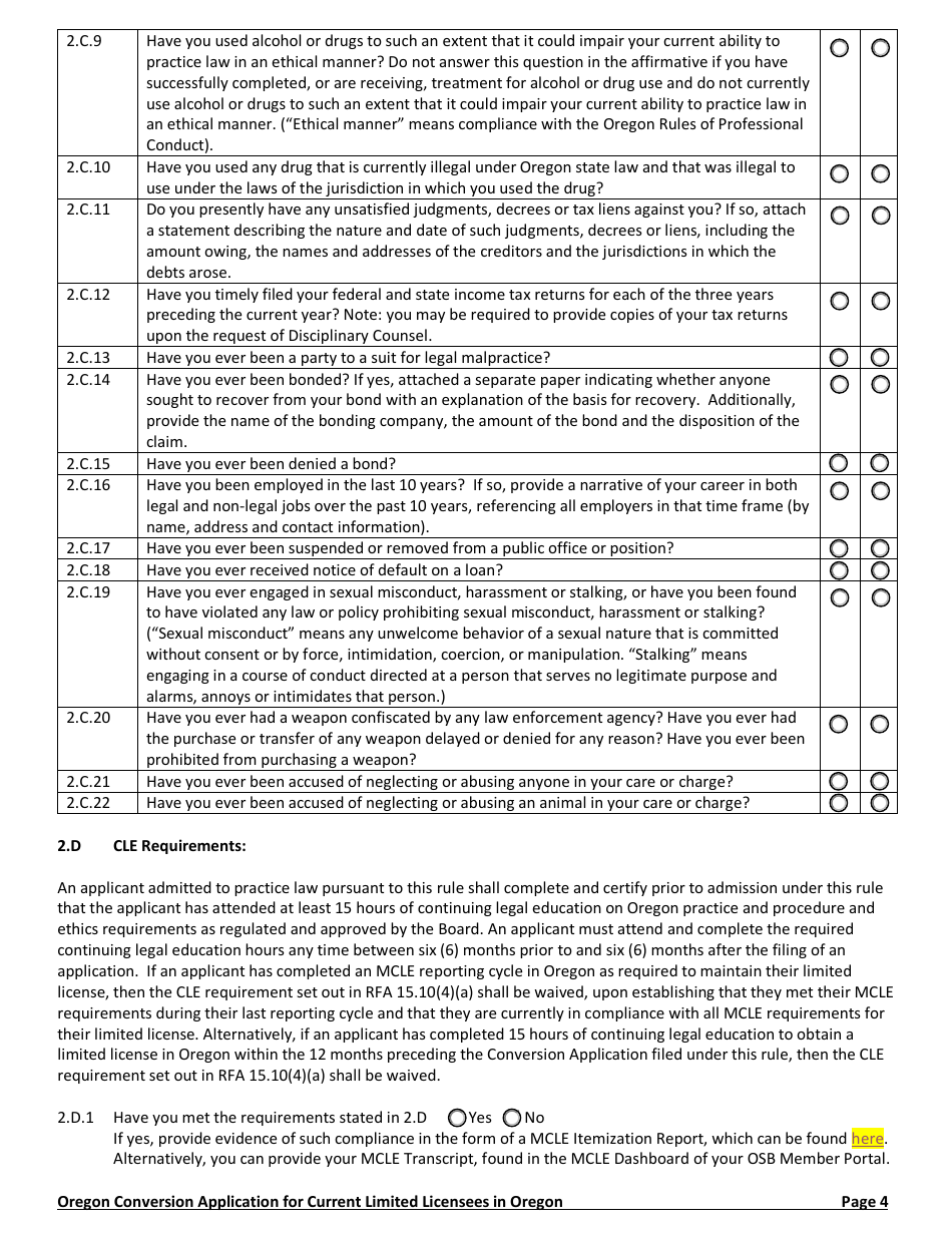 Application to Convert a Limited License to a Regular Oregon State Bar Membership (conversion Application) - Oregon, Page 4