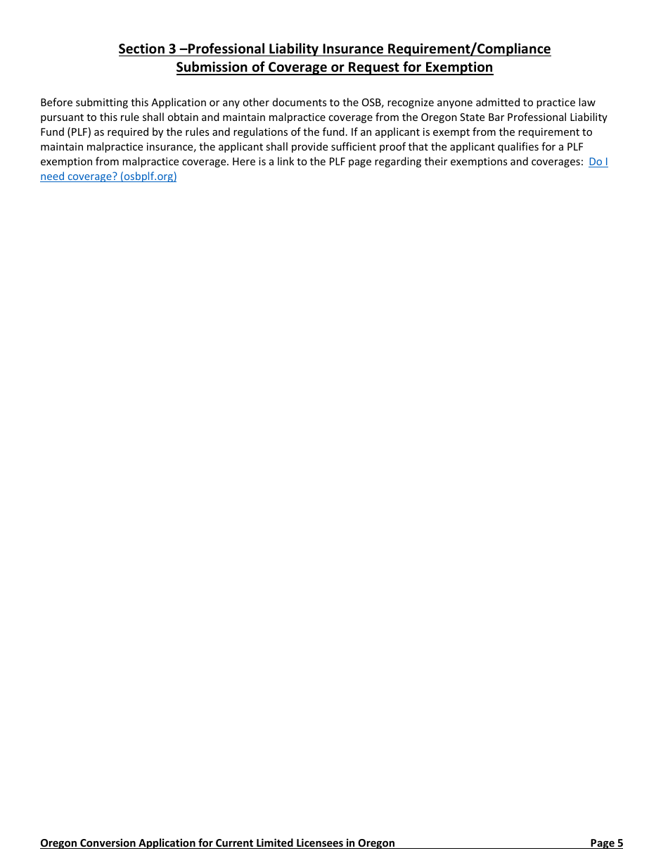 Application to Convert a Limited License to a Regular Oregon State Bar Membership (conversion Application) - Oregon, Page 5
