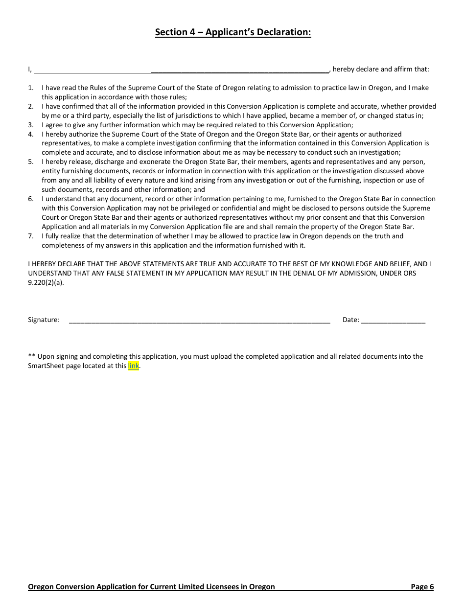 Application to Convert a Limited License to a Regular Oregon State Bar Membership (conversion Application) - Oregon, Page 6