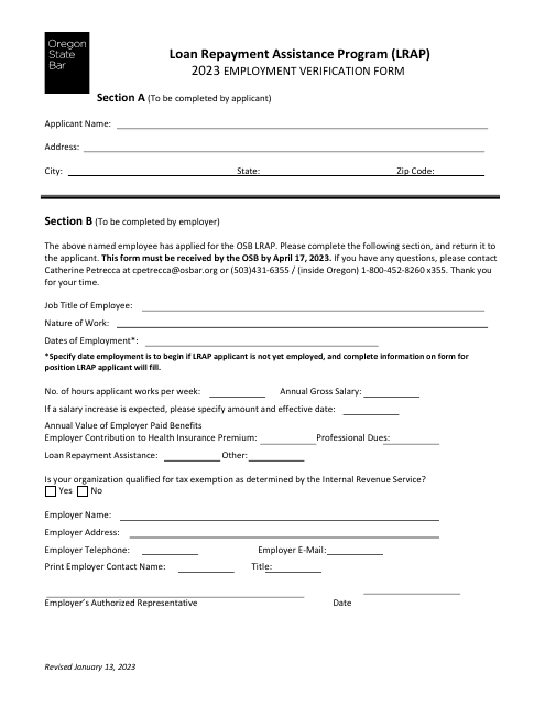 Employment Verification Form - Loan Repayment Assistance Program (Lrap) - Oregon, 2023