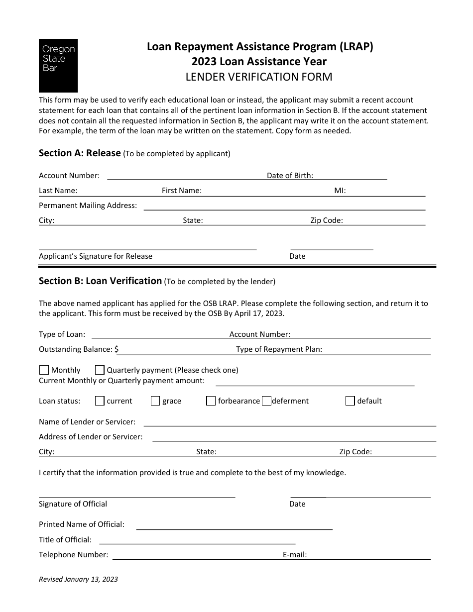 2023 Oregon Lender Verification Form - Loan Repayment Assistance ...