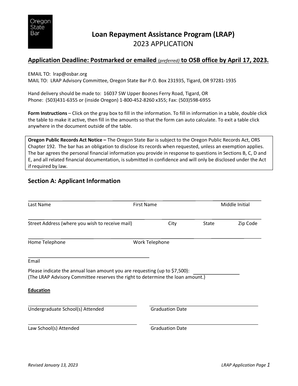 Loan Repayment Assistance Program (Lrap) Application - Oregon, Page 1