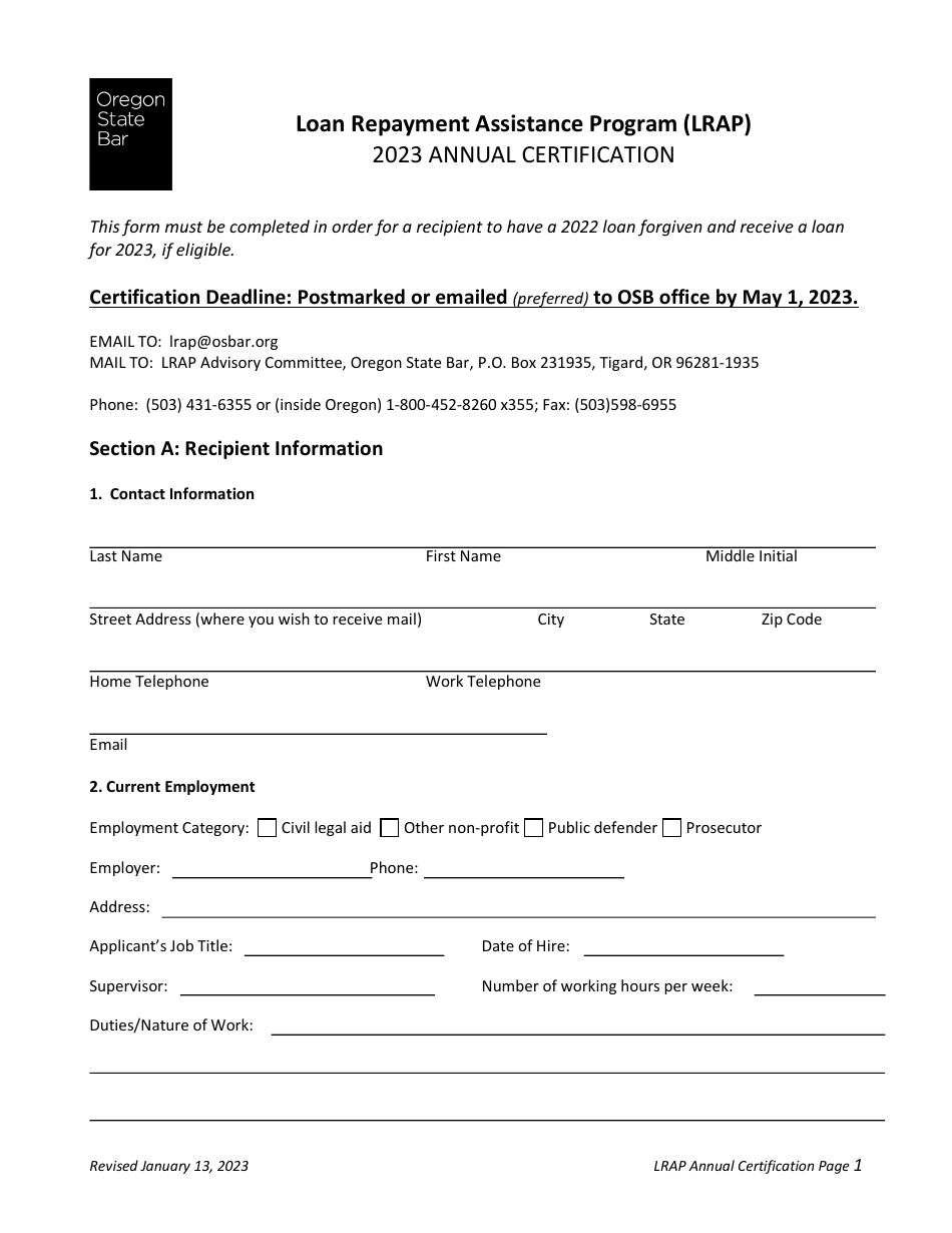 Annual Certification - Loan Repayment Assistance Program (Lrap) - Oregon, Page 1