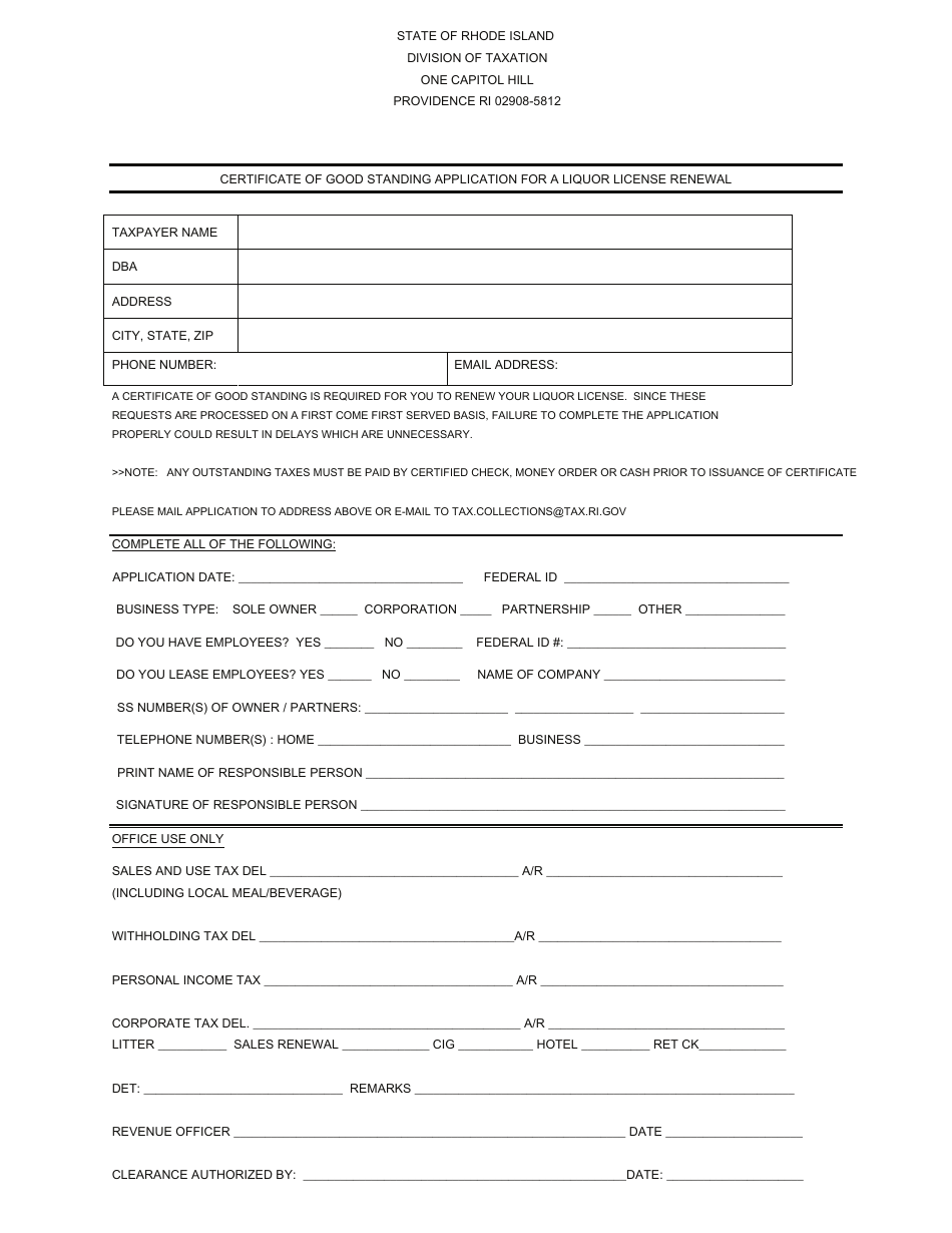 Form CGS1 Certificate of Good Standing Application for a Liquor License Renewal - Rhode Island, Page 1