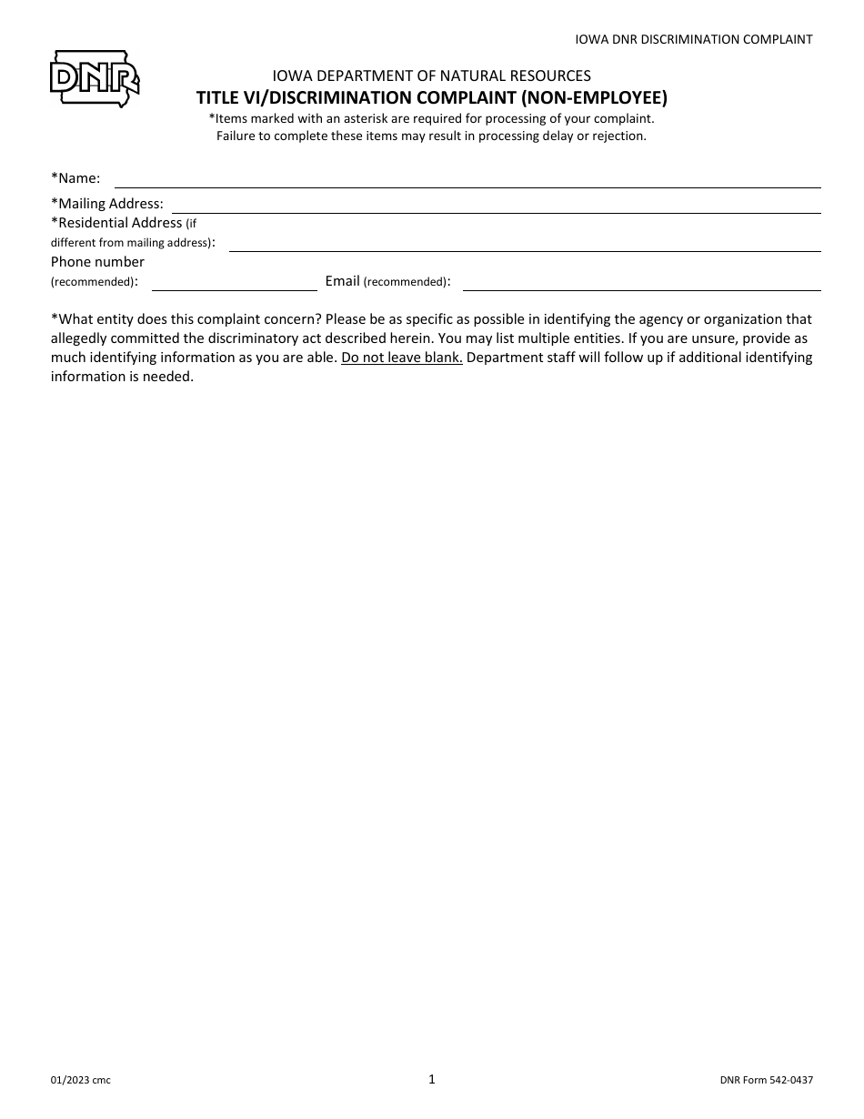 DNR Form 542-0437 Title VI / Discrimination Complaint (Non-employee) - Iowa, Page 1