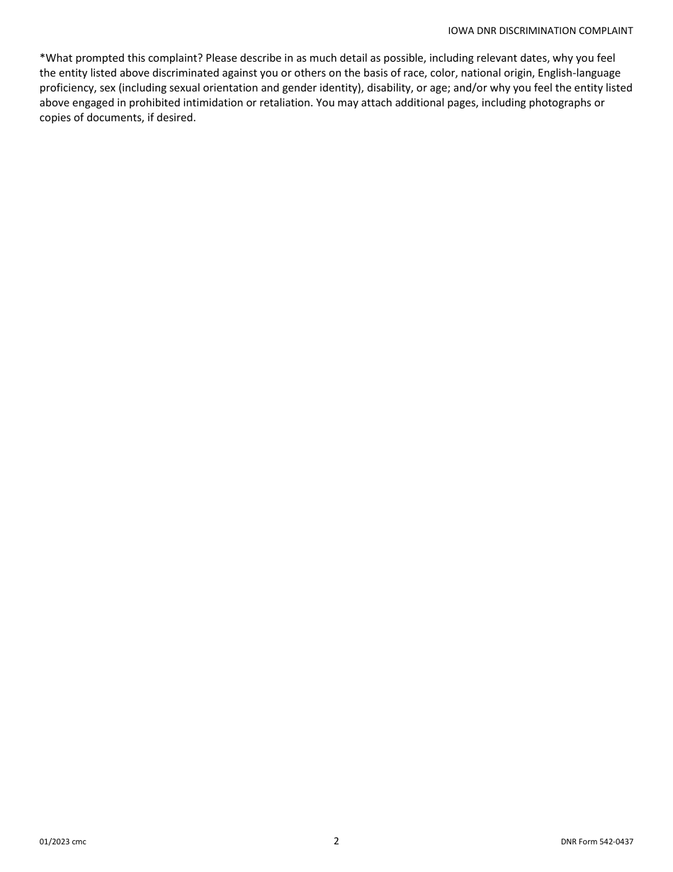 DNR Form 542-0437 Title VI / Discrimination Complaint (Non-employee) - Iowa, Page 2