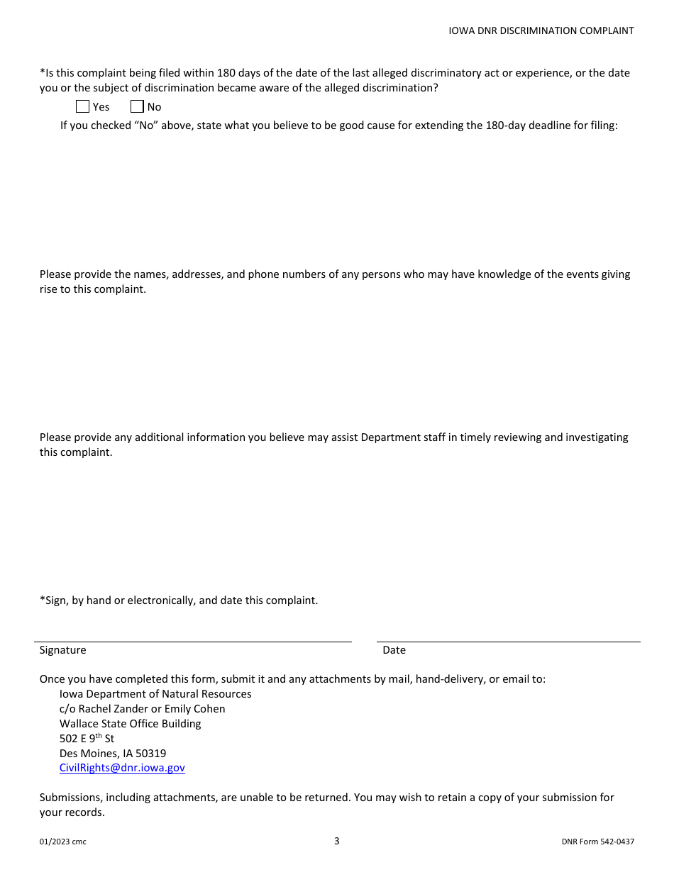 DNR Form 542-0437 Title VI / Discrimination Complaint (Non-employee) - Iowa, Page 3
