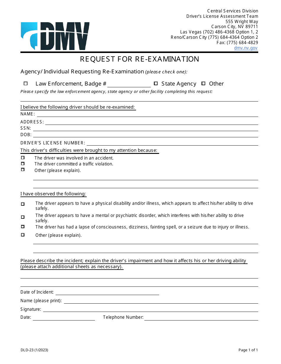 Form DLD-23 Request for Re-examination - Nevada, Page 1
