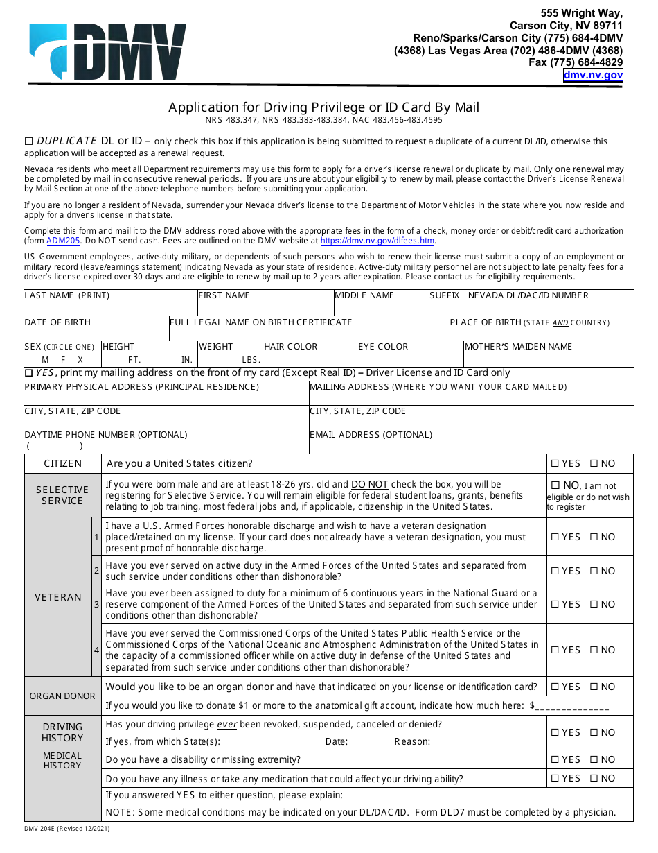 Form DMV204 Application for Driving Privilege or Id Card by Mail - Nevada, Page 1