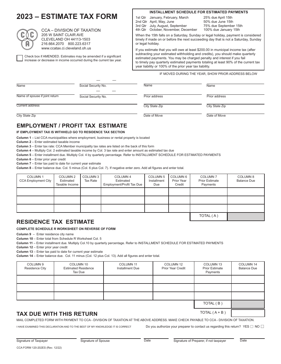 CCA Form 120-202ES Estimate Tax Form - City of Cleveland, Ohio, Page 1