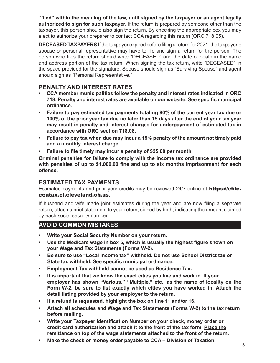 2022 City of Cleveland, Ohio Individual Tax Form Instruction Booklet