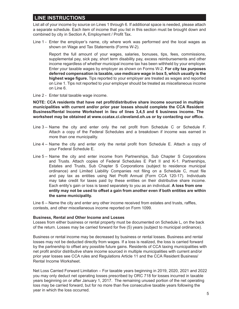 2022 City of Cleveland, Ohio Individual Tax Form Instruction Booklet