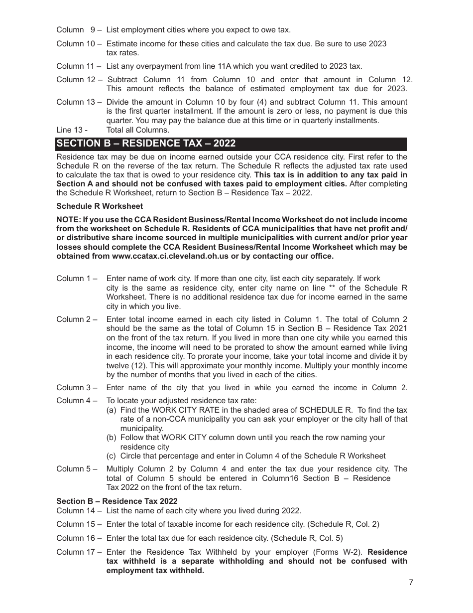 2022 City of Cleveland, Ohio Individual Tax Form Instruction Booklet