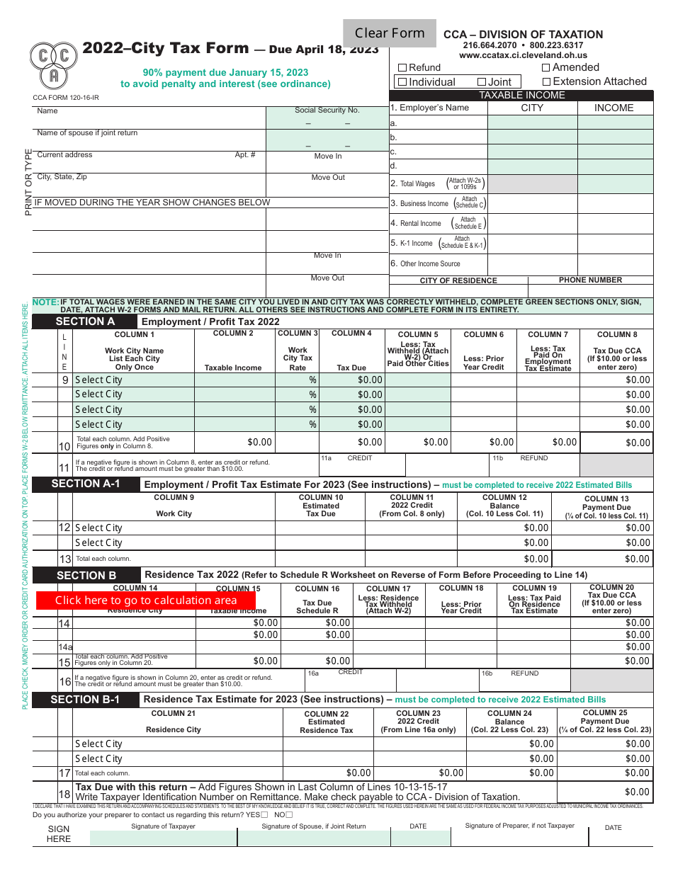 City Tax Form - City of Cleveland, Ohio, Page 1
