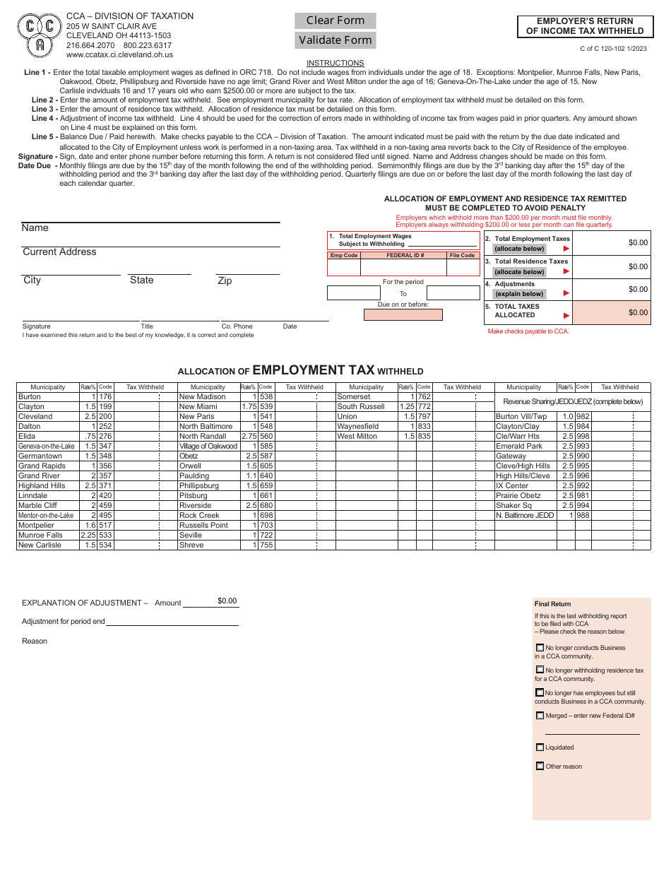 Form CCA-102 Employer's Return of Income Tax Withheld - City of Cleveland, Ohio, Page 1