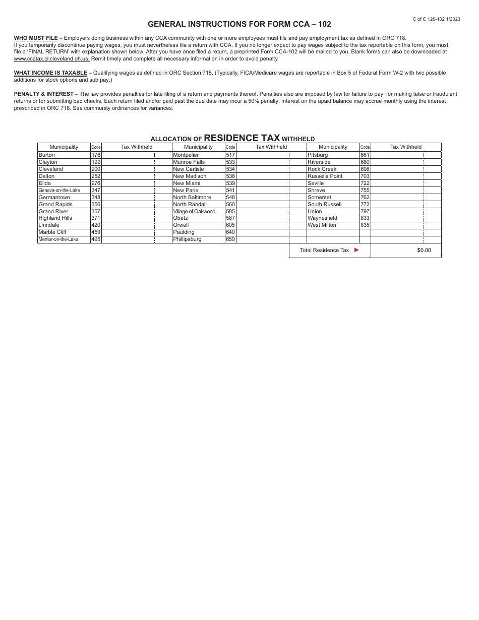 Form CCA-102 Employers Return of Income Tax Withheld - City of Cleveland, Ohio, Page 2