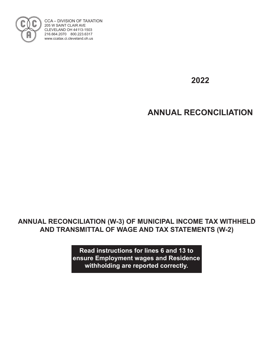 Reconciliation of Municipal Income Tax Withheld and Transmittal of Wage and Tax Statements - City of Cleveland, Ohio, Page 1