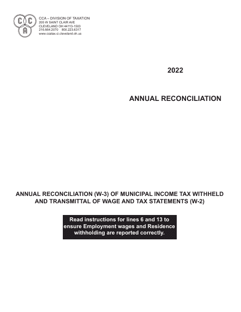 Reconciliation of Municipal Income Tax Withheld and Transmittal of Wage and Tax Statements - City of Cleveland, Ohio Download Pdf