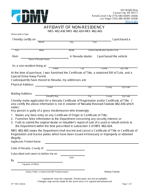 Form VP198 Affidavit of Non-residency - Nevada