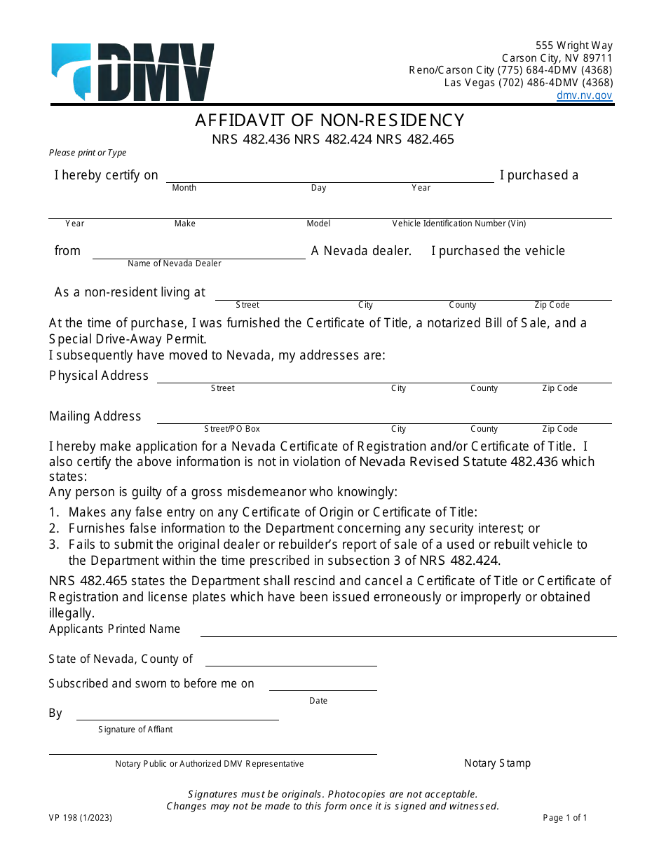 Form VP198 Affidavit of Non-residency - Nevada, Page 1