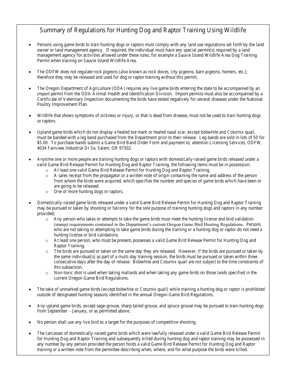 Game Bird Release Permit for Hunting Dog and Raptor Training - Oregon, Page 2