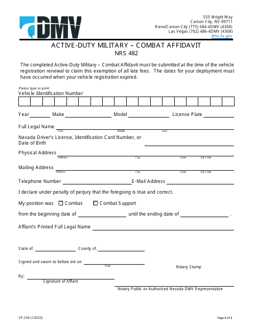 Form VP-258 Active-Duty Military - Combat Affidavit - Nevada