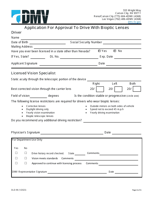 Form DLD-98 Application for Approval to Drive With Bioptic Lenses - Nevada