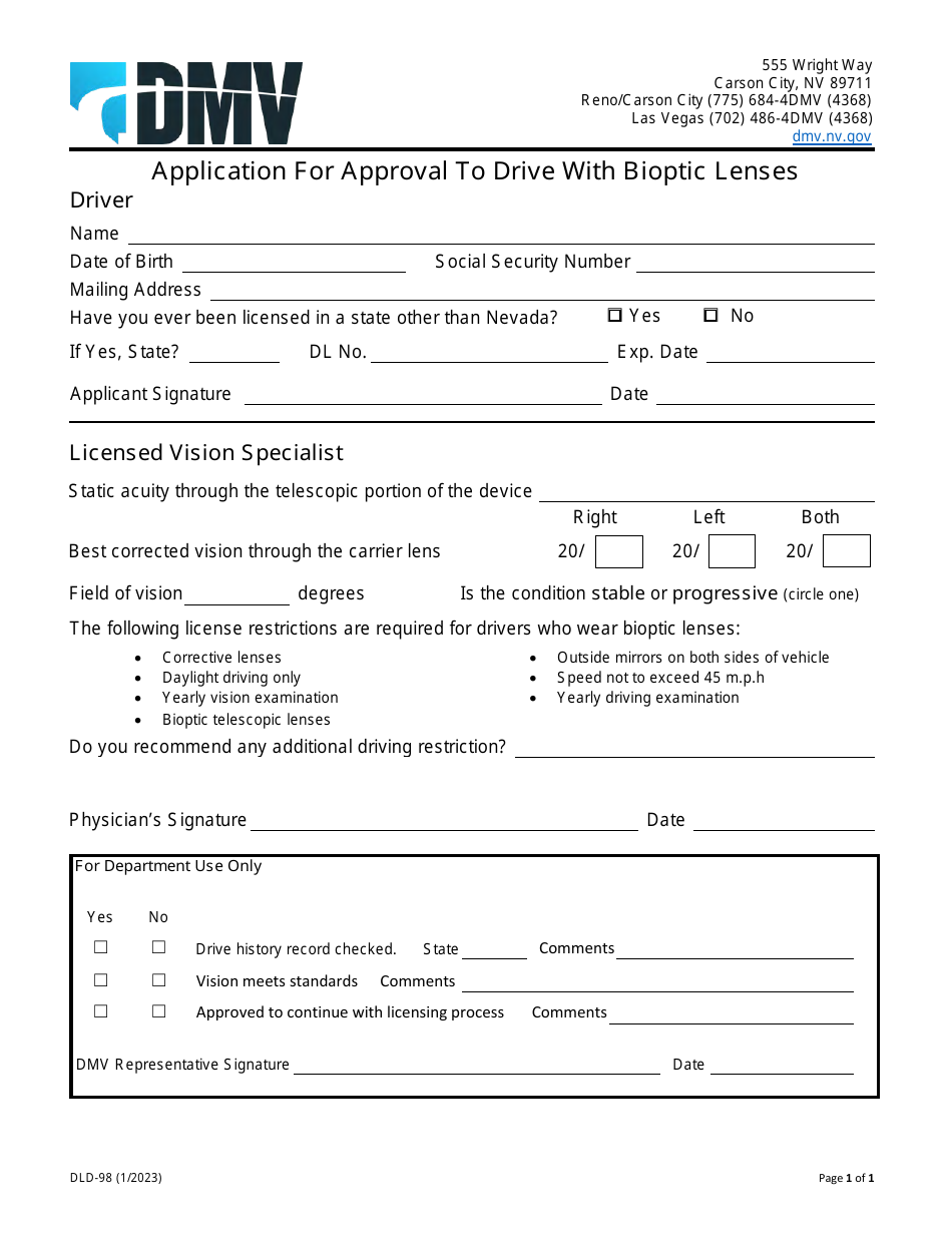 Form DLD-98 Application for Approval to Drive With Bioptic Lenses - Nevada, Page 1