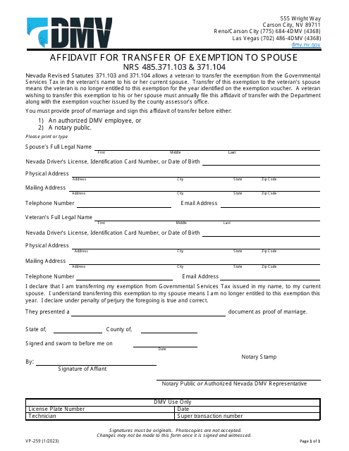 Form VP-259 Affidavit for Transfer of Exemption to Spouse - Nevada