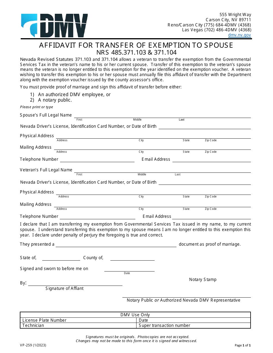 Form VP-259 Affidavit for Transfer of Exemption to Spouse - Nevada, Page 1