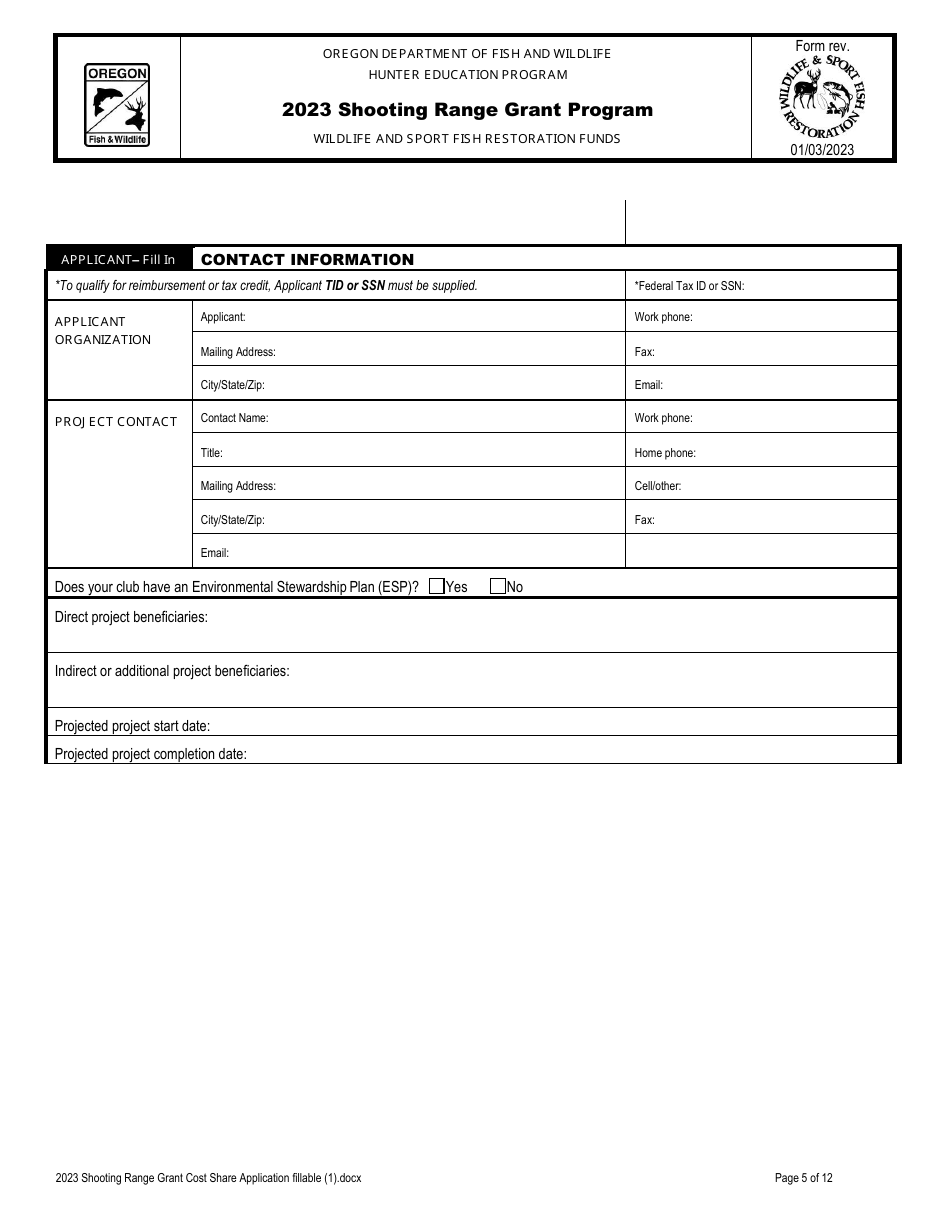 Shooting Range Grant Program Application - Oregon, Page 5