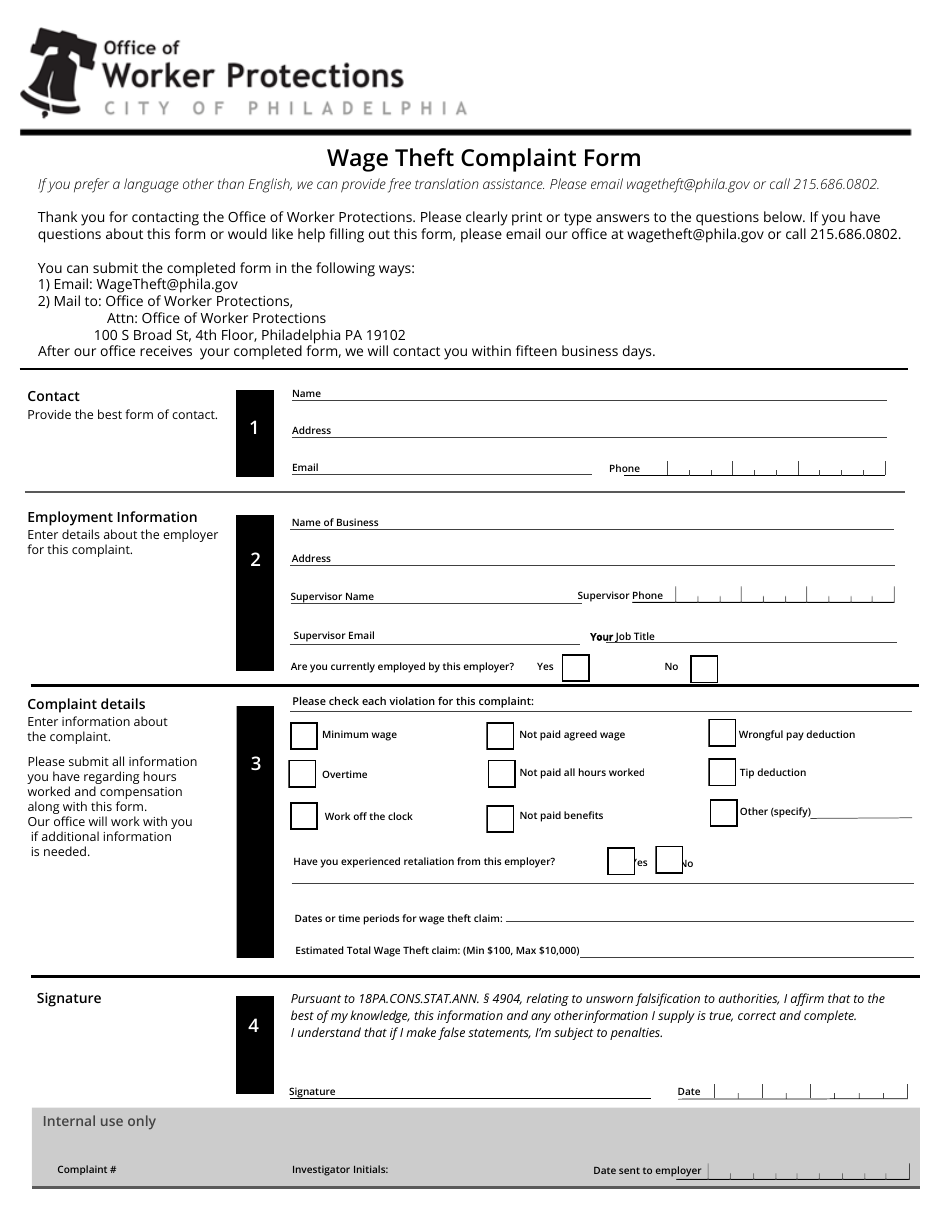 Wage Theft Complaint Form - City of Philadelphia, Pennsylvania (English / Spanish), Page 1