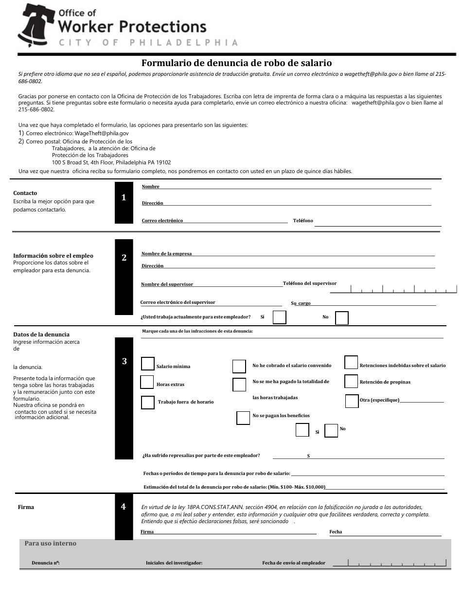 Wage Theft Complaint Form - City of Philadelphia, Pennsylvania (English / Spanish), Page 2