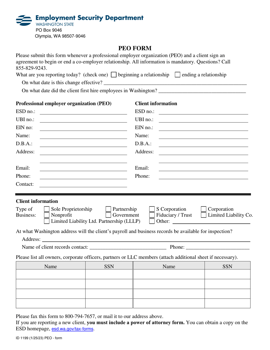 Form ID1199 Peo New Client or Client Termination Form - Washington, Page 1
