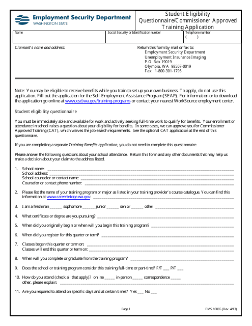 Form EMS10065 Student Eligibility Questionnaire/Commissioner Approved Training Application - Washington