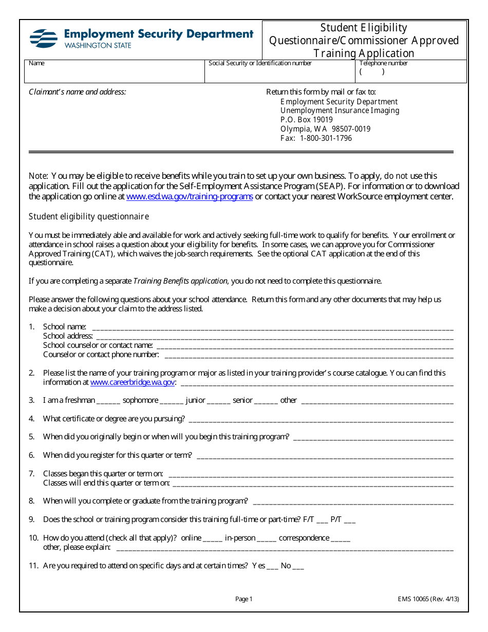 Form EMS10065 Student Eligibility Questionnaire / Commissioner Approved Training Application - Washington, Page 1