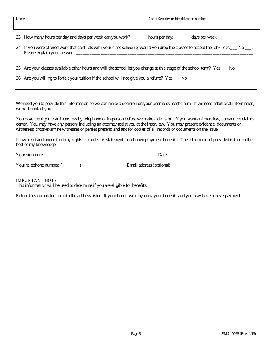 Form EMS10065 Student Eligibility Questionnaire / Commissioner Approved Training Application - Washington, Page 3