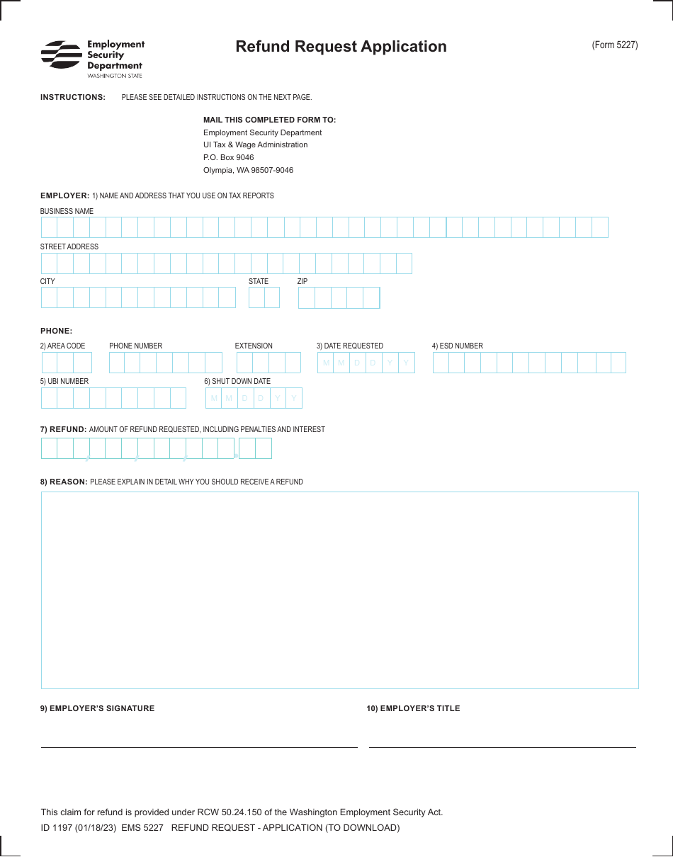 Form 5227 (ID1197) Refund Request Application - Washington, Page 1