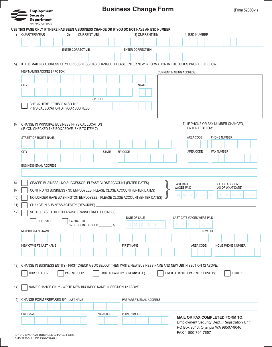 Form 5208C-1 (ID1212) Business Change Form - Washington, Page 1