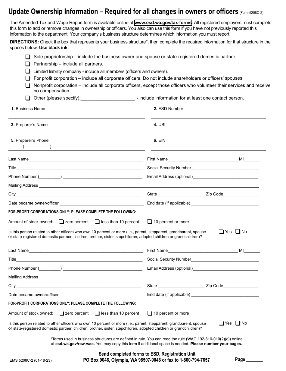 Form EMS5208C-2 Owner / Officer Change Form - Washington, Page 1
