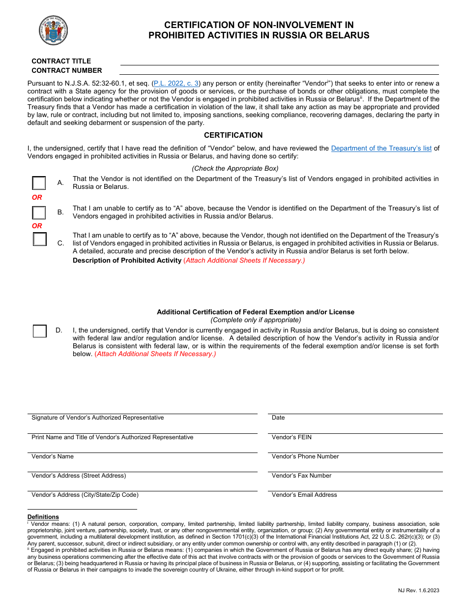 Certification of Non-involvement in Prohibited Activities in Russia or Belarus - New Jersey, Page 1