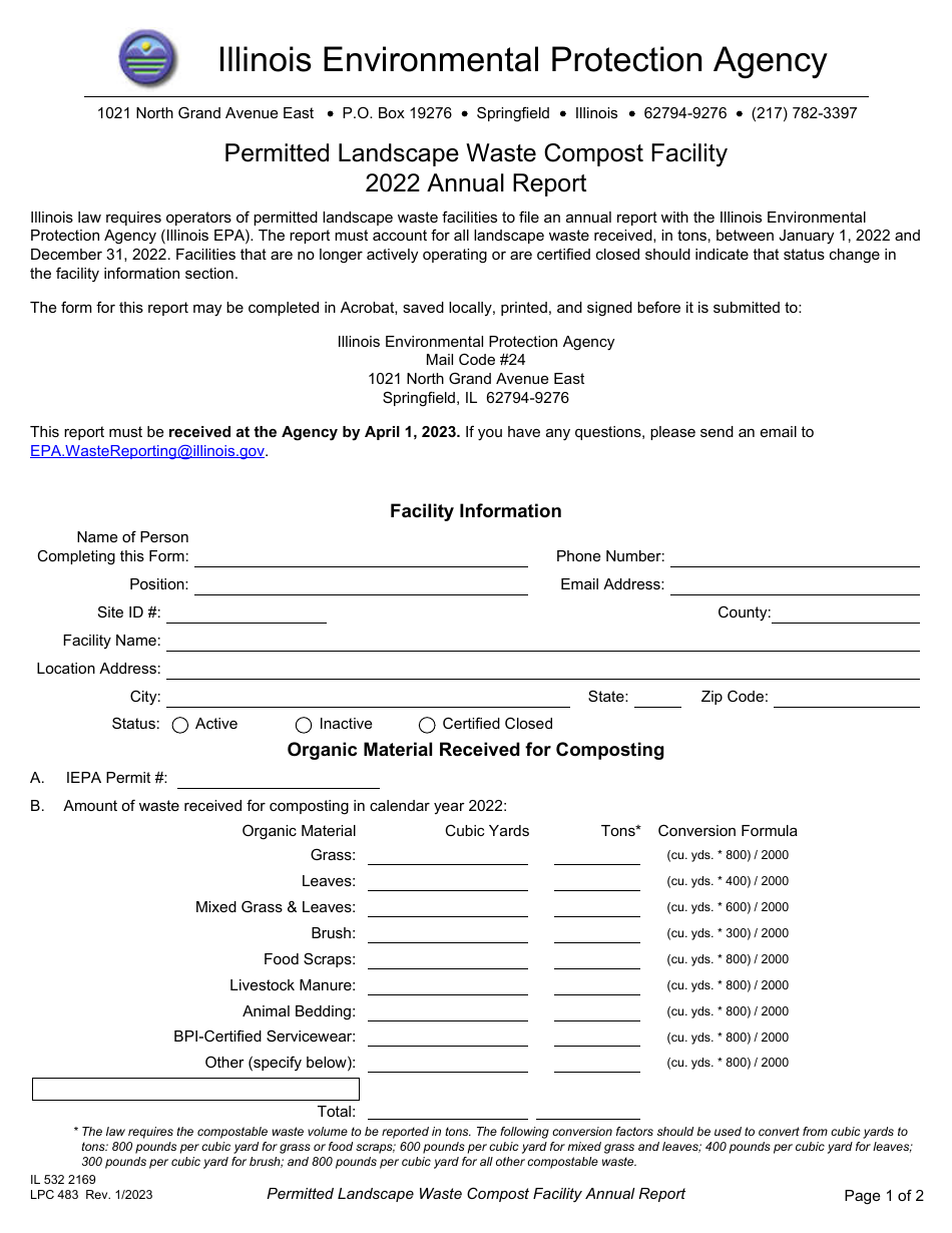 Form IL532 2169 (LPC483) Permitted Landscape Waste Compost Facility Annual Report - Illinois, Page 1