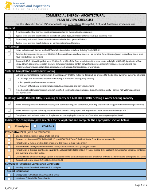 Form P_008_CHK Commercial Energy - Architectural Plan Review Checklist - City of Philadelphia, Pennsylvania